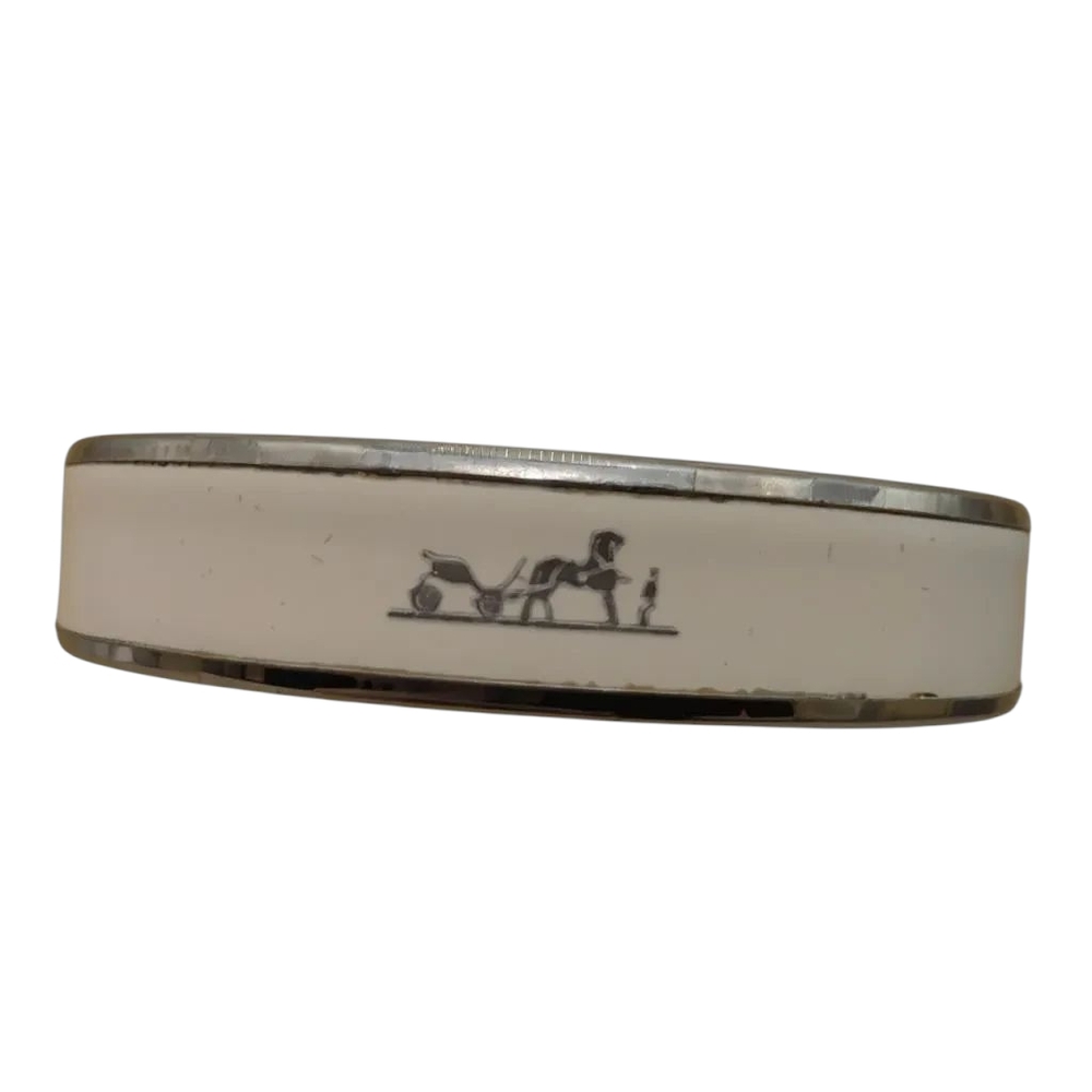 Hermes Caleche Silver and White Enamal Bangle Bracelet